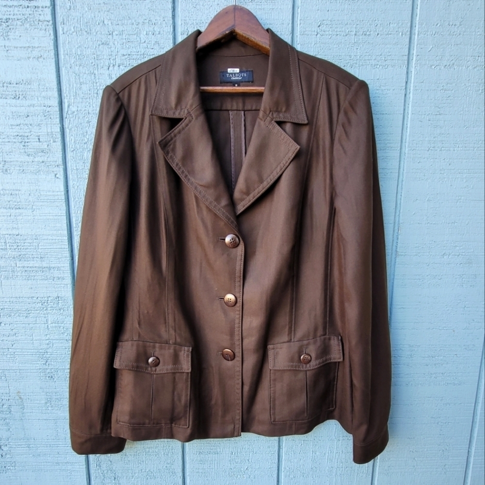 Talbots Twill 100% Silk Button Down Blazer Jacket size 18 Chocolate Brown